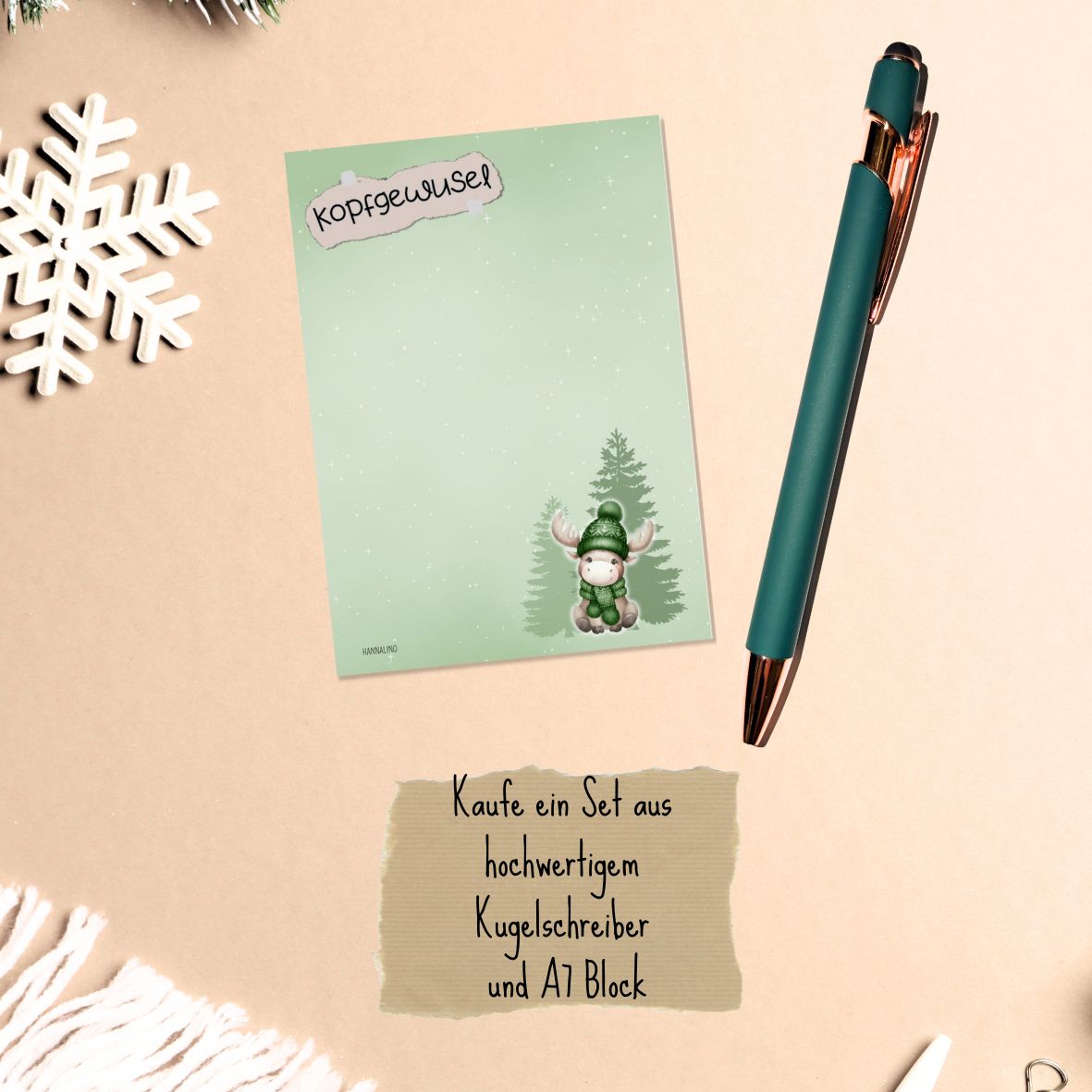 Kopfgewusel-Set – A7-Notizblock + Kugelschreiber in Weihnachtsgrün (2-teiliges Schreibset)