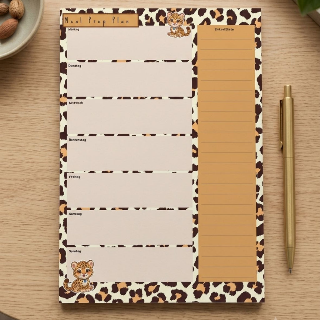 Meal Prep Planer / Essensplaner Leopard mit abreißbarer Einkaufsliste | 20 Blatt (DIN A4 Hochformat)