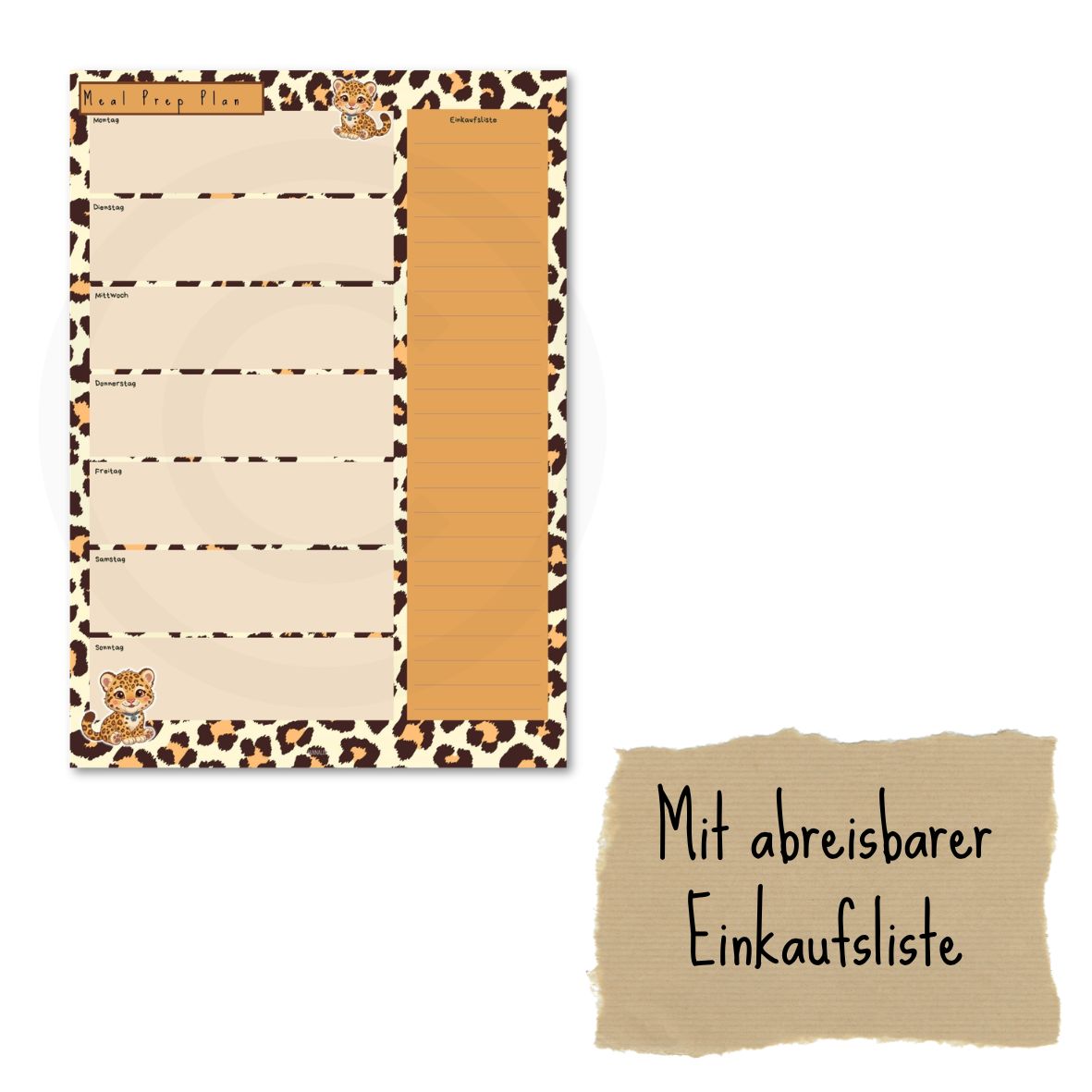 Meal Prep Planer / Essensplaner Leopard mit abreißbarer Einkaufsliste | 20 Blatt (DIN A4 Hochformat)
